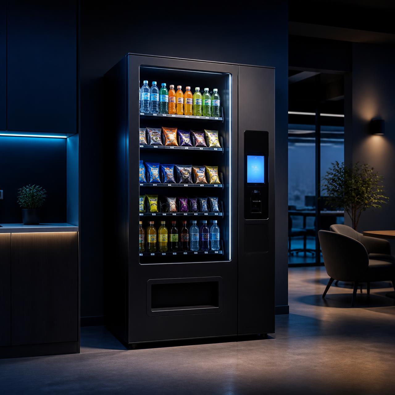 Modern vending machine stocked with drinks and snacks in a Tempe office break room